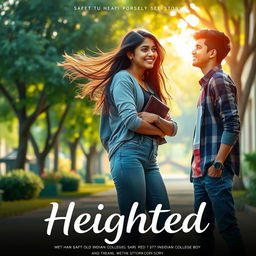 A cinematic film poster titled 'Heighted', showcasing a love story between a 27-year-old Indian college girl and a 27-year-old Indian college boy who is shorter than her