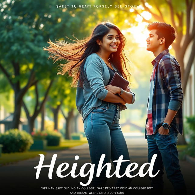 A cinematic film poster titled 'Heighted', showcasing a love story between a 27-year-old Indian college girl and a 27-year-old Indian college boy who is shorter than her