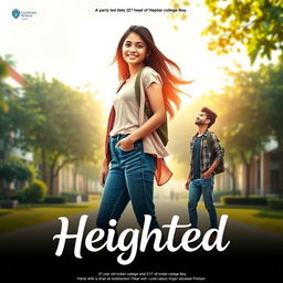 A cinematic film poster titled 'Heighted', showcasing a love story between a 27-year-old Indian college girl and a 27-year-old Indian college boy who is shorter than her