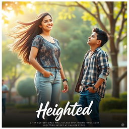 A cinematic film poster titled 'Heighted', showcasing a love story between a 27-year-old Indian college girl and a 27-year-old Indian college boy who is shorter than her