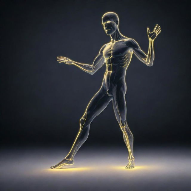 Create a glowing man in a comical pose, stylized like a popular internet meme. The figure should radiate an intense, surreal luminescence in a dimly lit environment