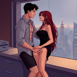 A semi-realistic illustration of a burgundy long-haired girl, and a very-dark-brown haired guy in their early twenties