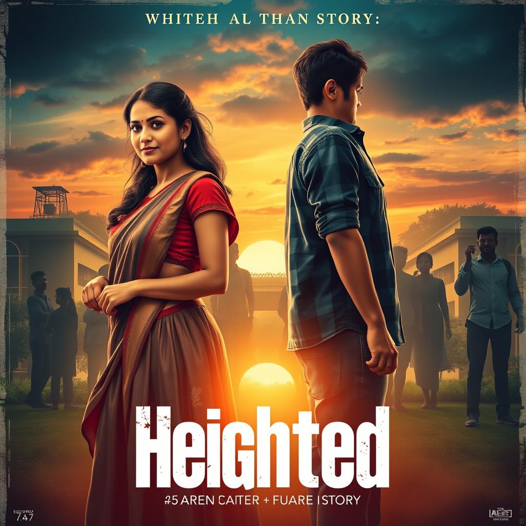 A cinematic film poster titled 'Heighted', illustrating a poignant love story between a 27-year-old Indian college woman and a 27-year-old Indian college man who is shorter than her