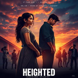 A cinematic film poster titled 'Heighted', illustrating a poignant love story between a 27-year-old Indian college woman and a 27-year-old Indian college man who is shorter than her