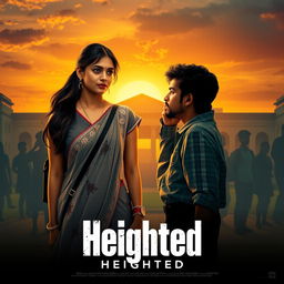 A cinematic film poster titled 'Heighted', illustrating a poignant love story between a 27-year-old Indian college woman and a 27-year-old Indian college man who is shorter than her