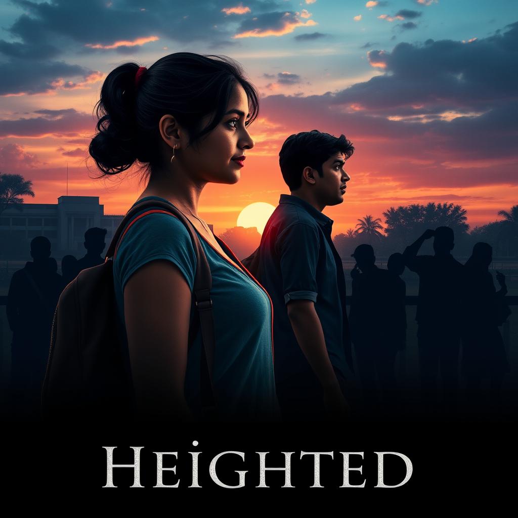 A cinematic film poster titled 'Heighted', illustrating a poignant love story between a 27-year-old Indian college woman and a 27-year-old Indian college man who is shorter than her