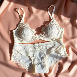 A stylish and elegant arrangement featuring a delicate lace bra and matching panties, both beautifully designed with intricate floral patterns