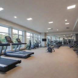 A state of the art gym, filled with advanced exercise equipment, a spacious workout area, clean locker rooms, daylight streaming in, and energetic people working out