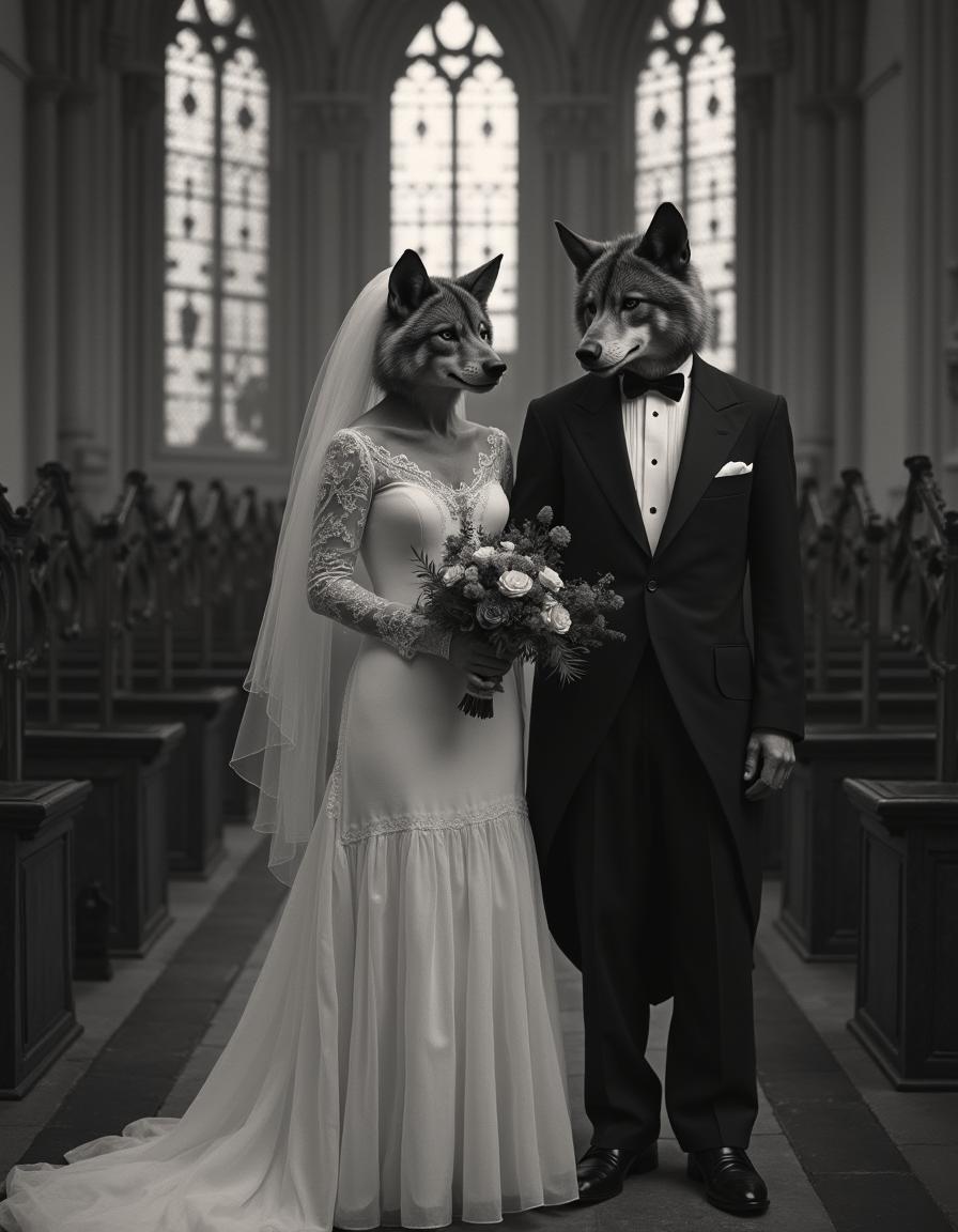 An aged antique black and white photograph depicting a wedding ceremony between two werewolves in a grand gothic church