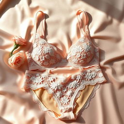 A stylish and elegant arrangement featuring a delicate lace bra and matching panties, both beautifully designed with intricate floral patterns