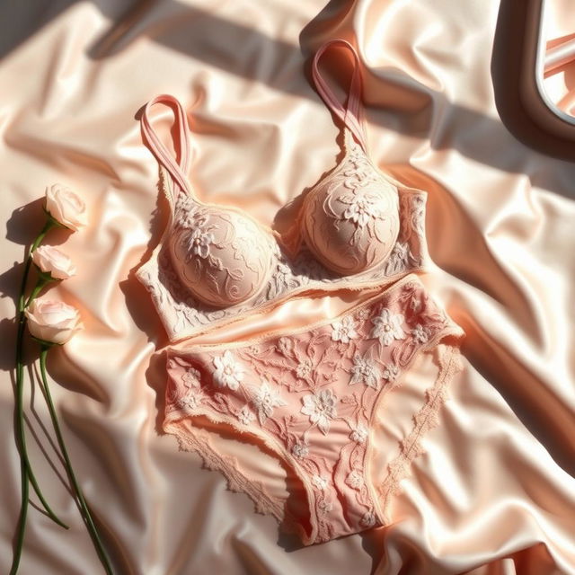 A stylish and elegant arrangement featuring a delicate lace bra and matching panties, both beautifully designed with intricate floral patterns