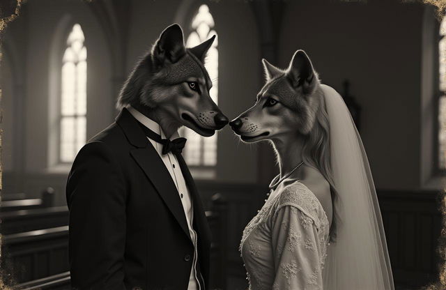 An aged, discolored old black and white antique photograph capturing a wedding ceremony between two werewolves within a gothic church