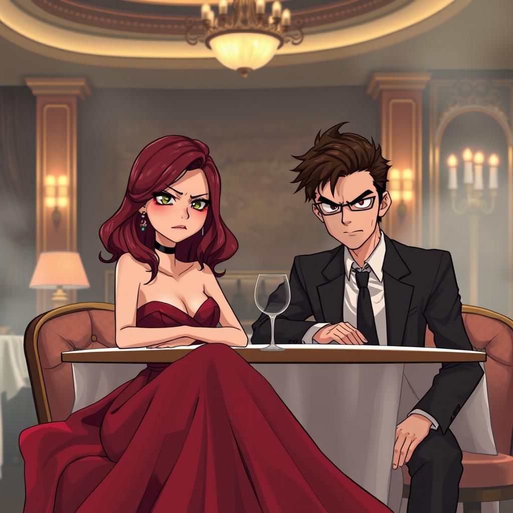 A semi-realistic illustration of a burgundy-haired girl and a very dark brown-haired guy in their early twenties, sitting at a table in a luxurious restaurant