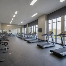 A state of the art gym, filled with advanced exercise equipment, a spacious workout area, clean locker rooms, daylight streaming in, and energetic people working out