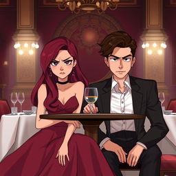 A semi-realistic illustration of a burgundy-haired girl and a very dark brown-haired guy in their early twenties, sitting at a table in a luxurious restaurant