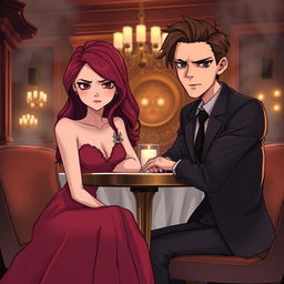 A semi-realistic illustration of a burgundy-haired girl and a very dark brown-haired guy in their early twenties, sitting at a table in a luxurious restaurant