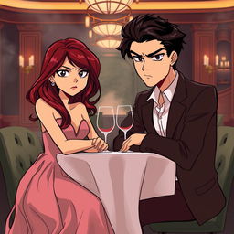 A semi-realistic illustration of a burgundy-haired girl and a very dark brown-haired guy in their early twenties, sitting at a table in a luxurious restaurant