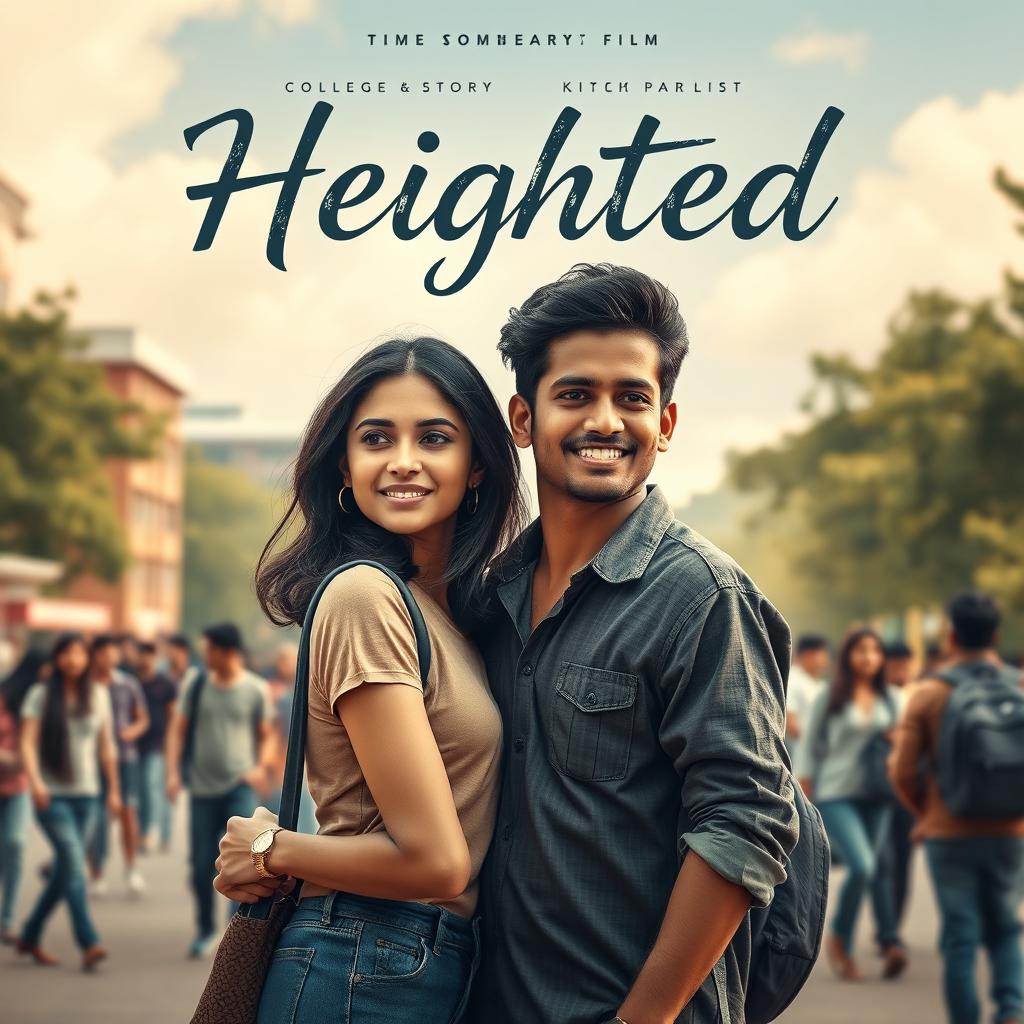 A cinematic college love story film poster titled 'Heighted', featuring a young Indian couple