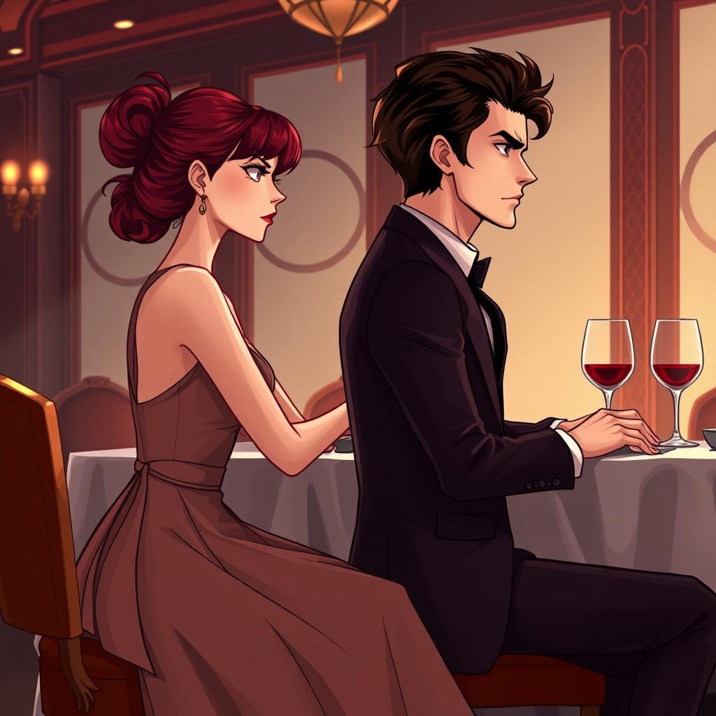 A semi-realistic illustration of a burgundy-haired girl and a very-dark-brown-haired guy in their early twenties