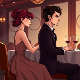 A semi-realistic illustration of a burgundy-haired girl and a very-dark-brown-haired guy in their early twenties