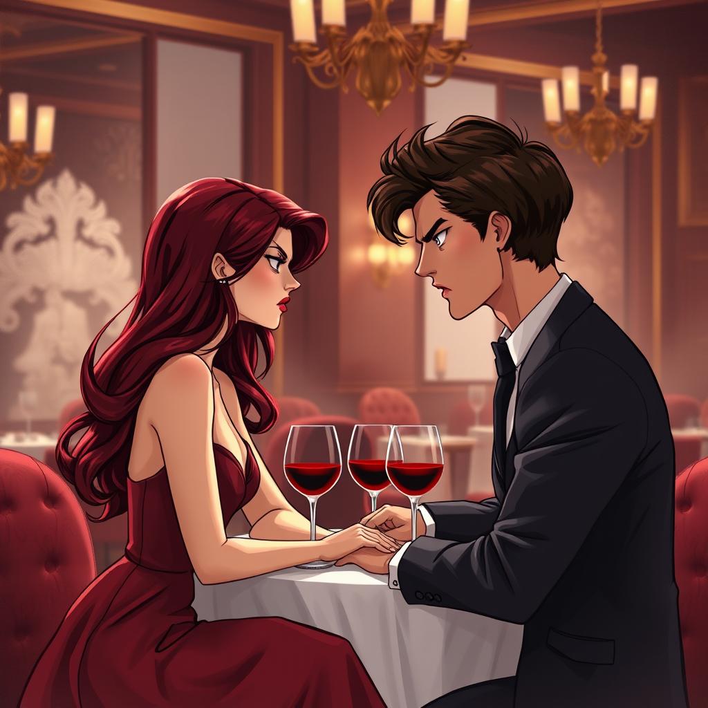 A semi-realistic illustration of a burgundy-haired girl and a very-dark-brown-haired guy in their early twenties