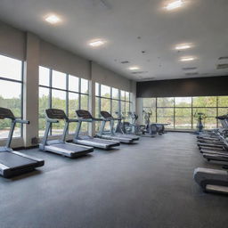 A state of the art gym, filled with advanced exercise equipment, a spacious workout area, clean locker rooms, daylight streaming in, and energetic people working out