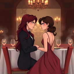 A semi-realistic illustration of a burgundy-haired girl and a very-dark-brown-haired guy in their early twenties