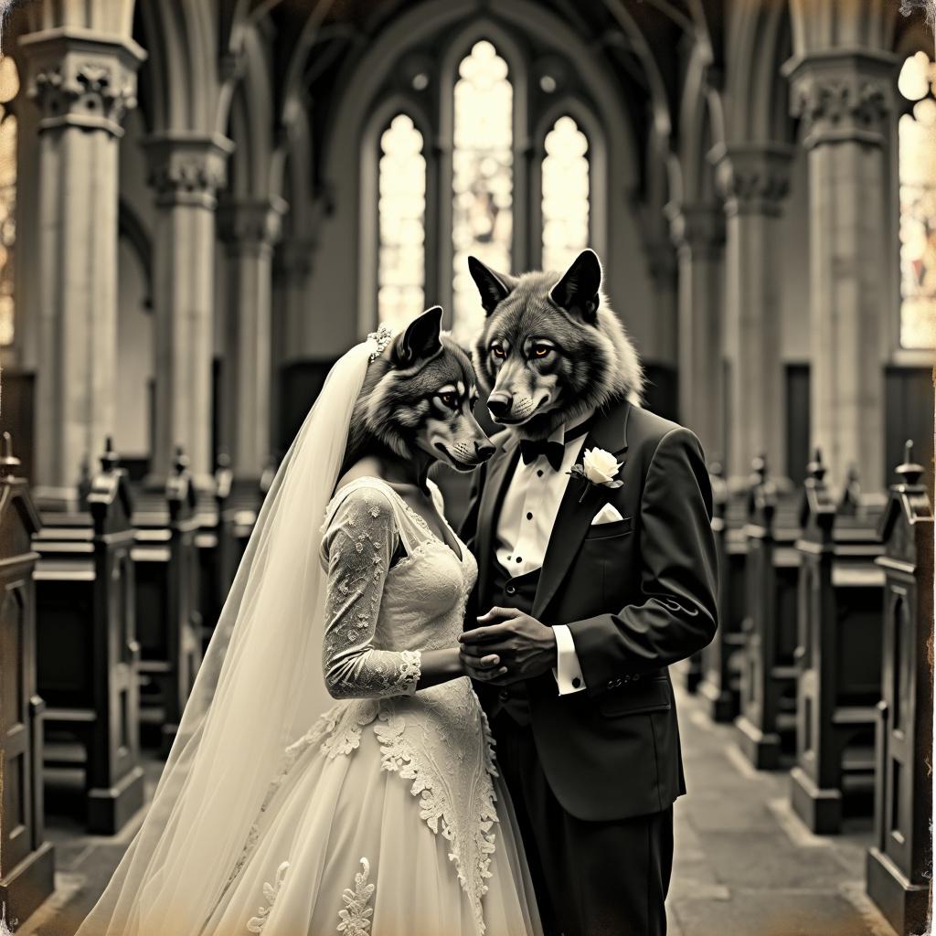 An aged, discolored old black and white antique photograph capturing a wedding ceremony between two werewolves set in a gothic church, reflecting the style and quality of 1930s photography