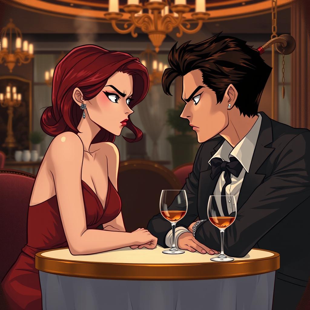 A semi-realistic illustration featuring a burgundy-haired girl and a very dark brown-haired guy, both in their early twenties