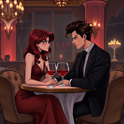 A semi-realistic illustration featuring a burgundy-haired girl and a very dark brown-haired guy, both in their early twenties