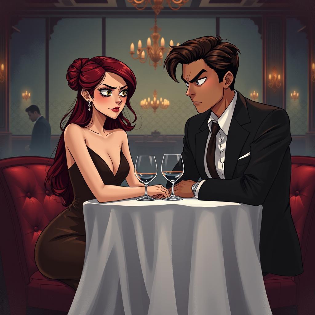 A semi-realistic illustration featuring a burgundy-haired girl and a very dark brown-haired guy, both in their early twenties