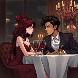 A semi-realistic illustration featuring a burgundy-haired girl and a very dark brown-haired guy, both in their early twenties