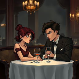 A semi-realistic illustration featuring a burgundy-haired girl and a very dark brown-haired guy, both in their early twenties