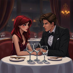 A semi-realistic illustration featuring a burgundy-haired girl and a very dark brown-haired guy, both in their early twenties