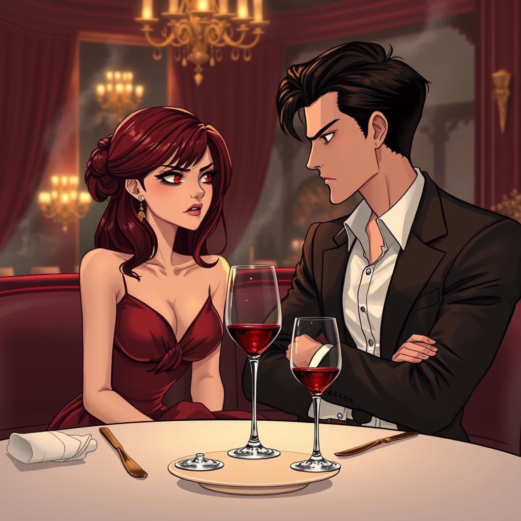 A semi-realistic illustration featuring a burgundy-haired girl and a very dark brown-haired guy, both in their early twenties