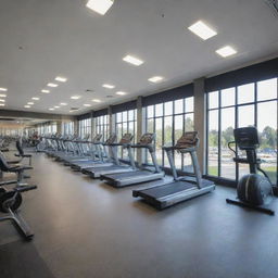 A state of the art gym, filled with advanced exercise equipment, a spacious workout area, clean locker rooms, daylight streaming in, and energetic people working out