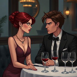 A semi-realistic illustration featuring a burgundy-haired girl and a very dark brown-haired guy, both in their early twenties