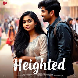 A cinematic film poster for a love story titled 'Heighted', featuring a simple yet beautiful Indian college woman aged 27 with long black hair, wearing casual but elegant attire, standing next to a shorter Indian college man of the same age, who has a kind smile and a trendy outfit