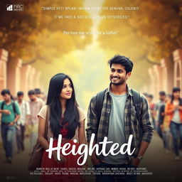 A cinematic film poster for a love story titled 'Heighted', featuring a simple yet beautiful Indian college woman aged 27 with long black hair, wearing casual but elegant attire, standing next to a shorter Indian college man of the same age, who has a kind smile and a trendy outfit