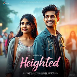 A cinematic film poster for a love story titled 'Heighted', featuring a simple yet beautiful Indian college woman aged 27 with long black hair, wearing casual but elegant attire, standing next to a shorter Indian college man of the same age, who has a kind smile and a trendy outfit