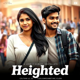 A cinematic film poster for a love story titled 'Heighted', featuring a simple yet beautiful Indian college woman aged 27 with long black hair, wearing casual but elegant attire, standing next to a shorter Indian college man of the same age, who has a kind smile and a trendy outfit