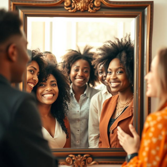 A captivating scene of diverse people gazing into a large, stylish mirror, smiling with joy and confidence