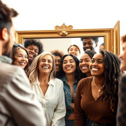 A captivating scene of diverse people gazing into a large, stylish mirror, smiling with joy and confidence