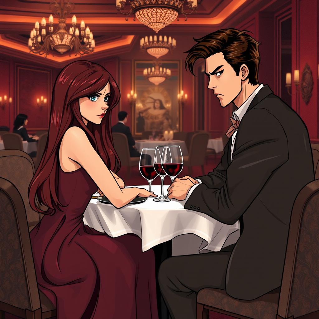 A semi-realistic illustration of a burgundy long-haired girl and a very dark brown-haired guy, both in their early twenties