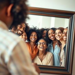 A captivating scene of diverse people gazing into a large, stylish mirror, smiling with joy and confidence