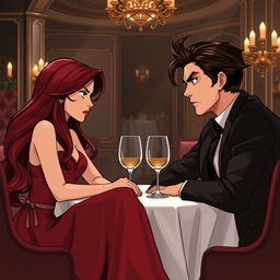 A semi-realistic illustration of a burgundy long-haired girl and a very dark brown-haired guy, both in their early twenties