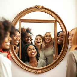 A captivating scene of diverse people gazing into a large, stylish mirror, smiling with joy and confidence