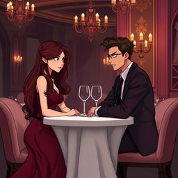 A semi-realistic illustration of a burgundy long-haired girl and a very dark brown-haired guy, both in their early twenties