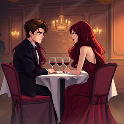 A semi-realistic illustration of a burgundy long-haired girl and a very dark brown-haired guy, both in their early twenties