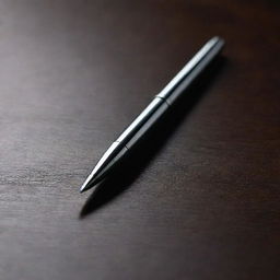 A highly detailed, sleek metallic pen placed on a dark wooden table, reflecting light.